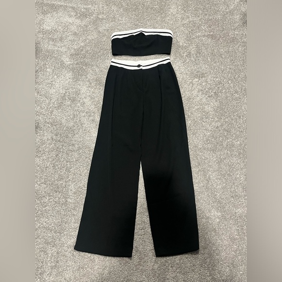 Contrast Trim Tube Top & Wide Leg Pants Set Black and White New Size Small - Picture 3 of 6